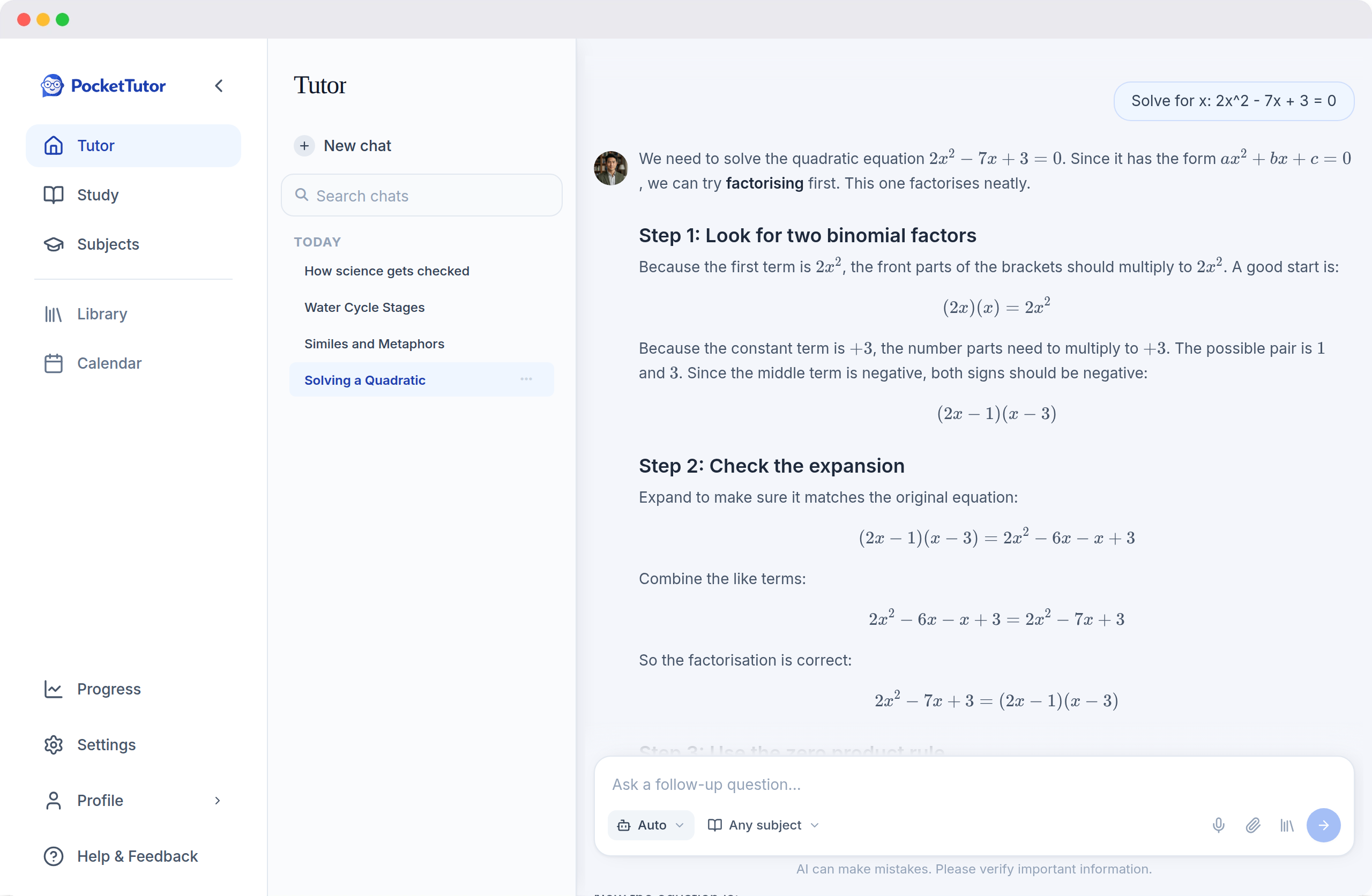 PocketTutor Solve mode walking through a quadratic equation