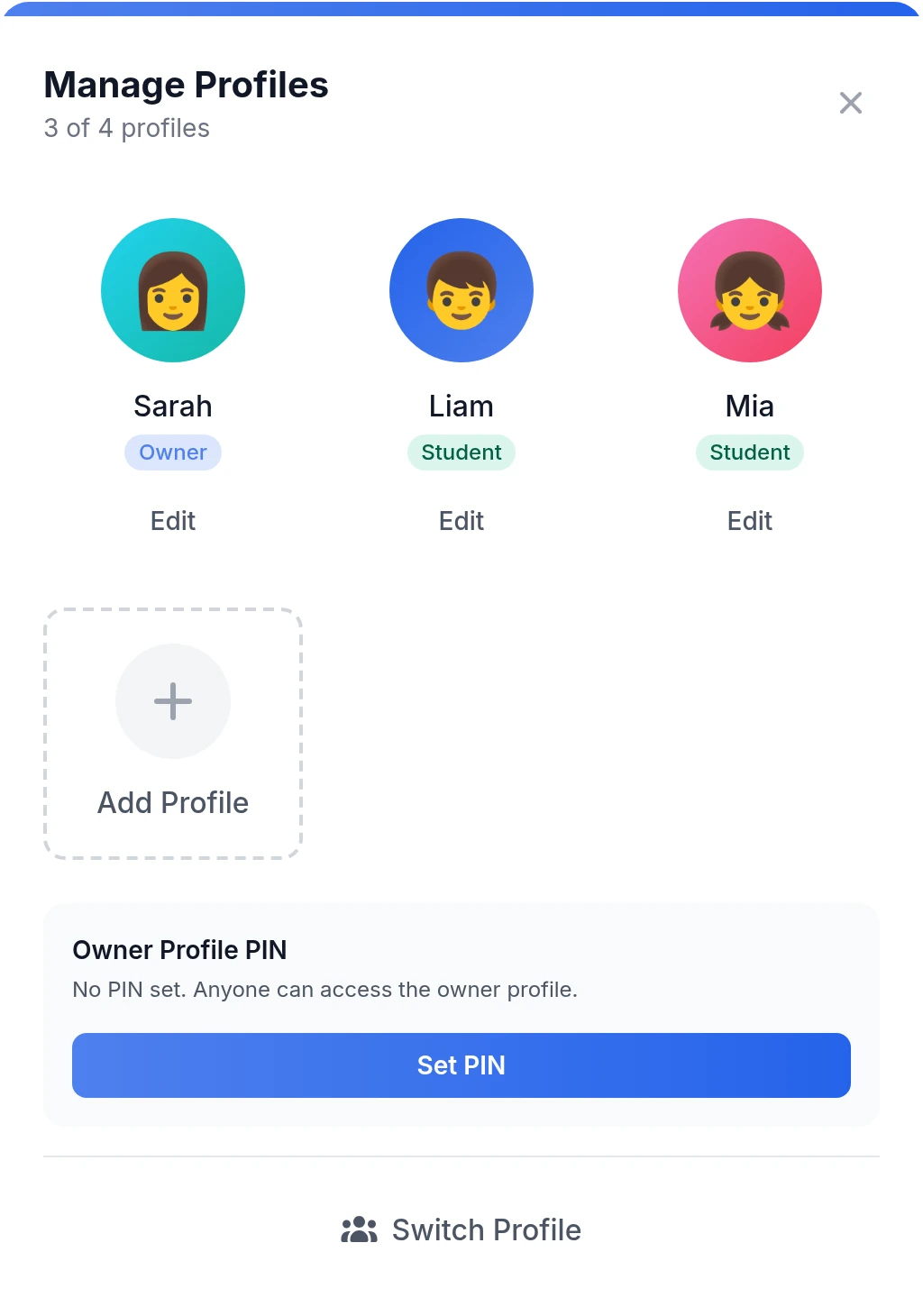 Manage family profiles with student avatars and PIN settings