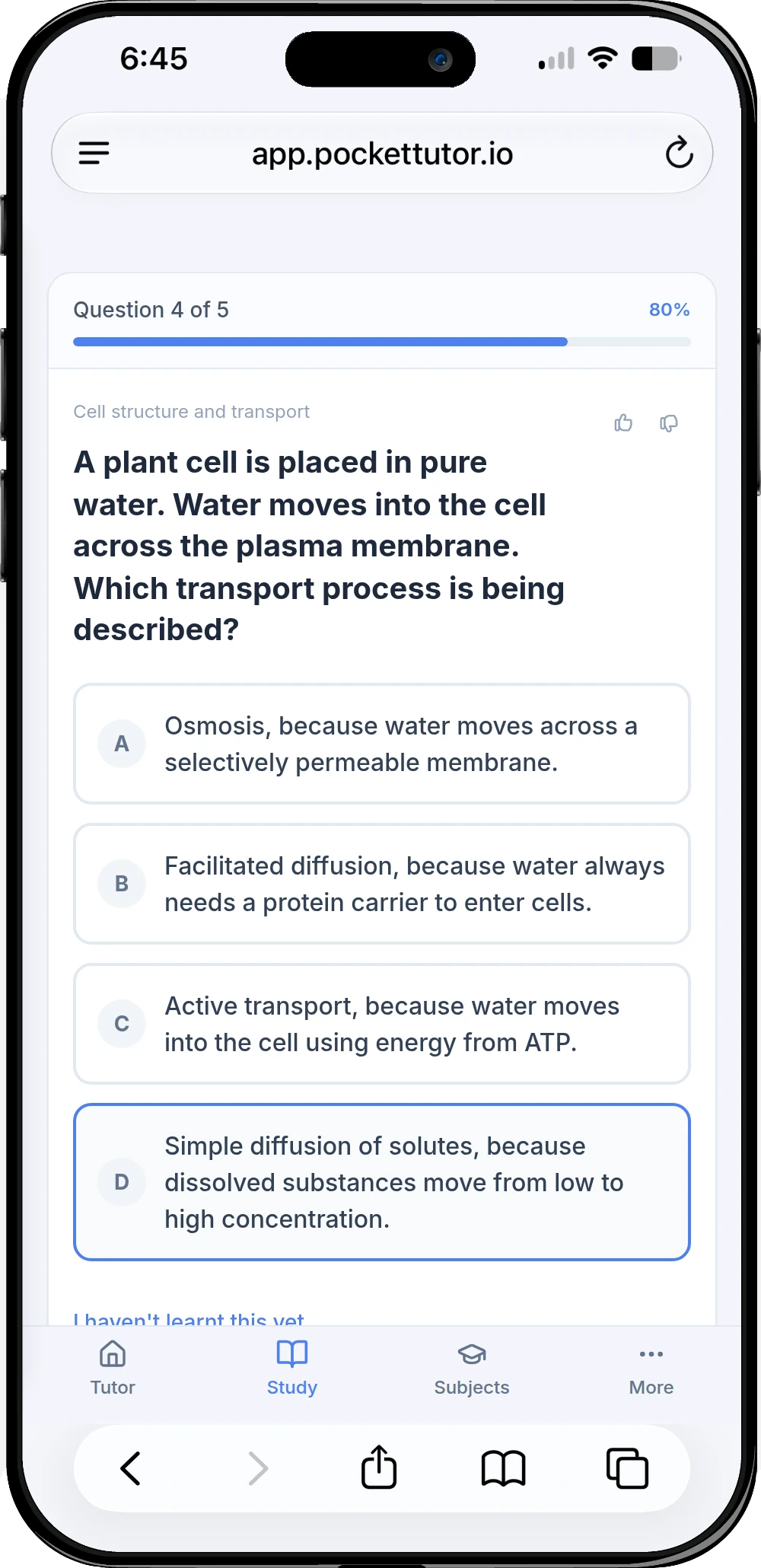 PocketTutor quiz mode on a phone, multiple-choice question about biology