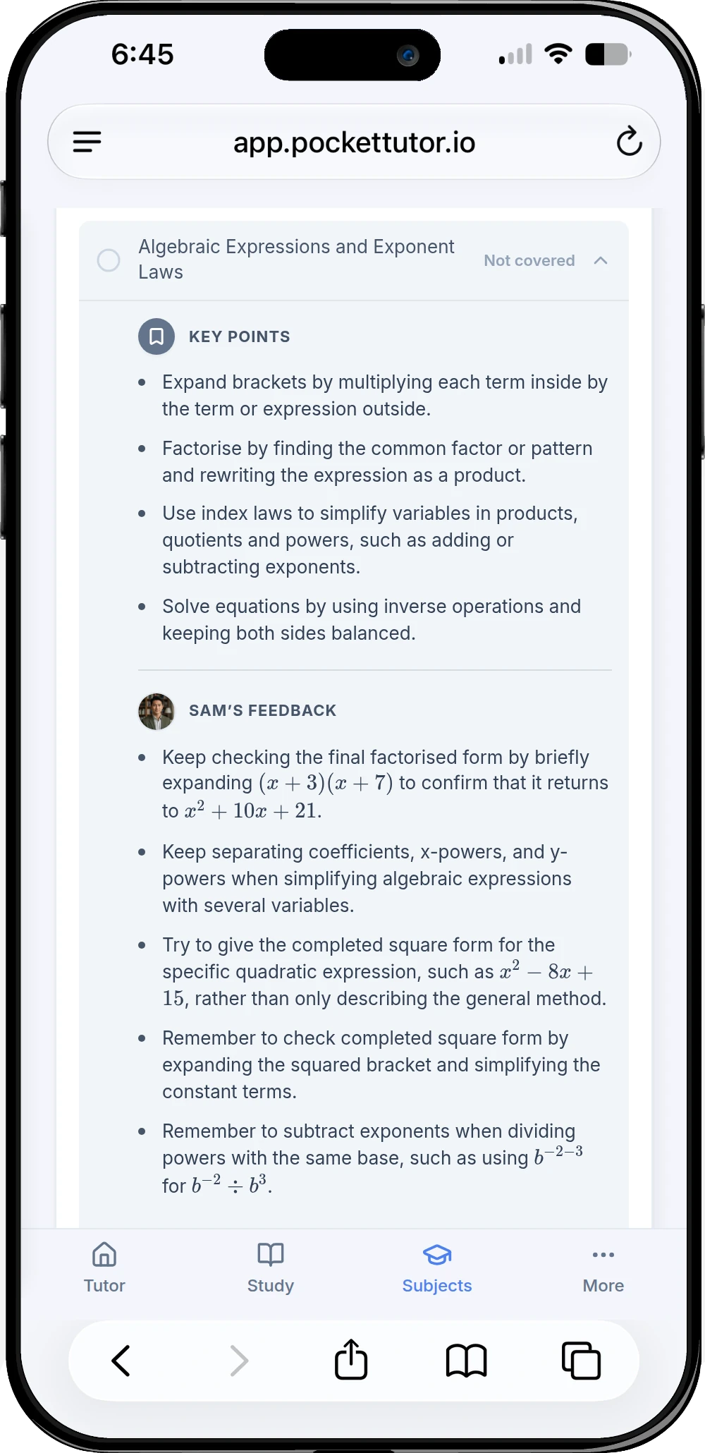 Topic detail showing algebra and exponent laws on a phone