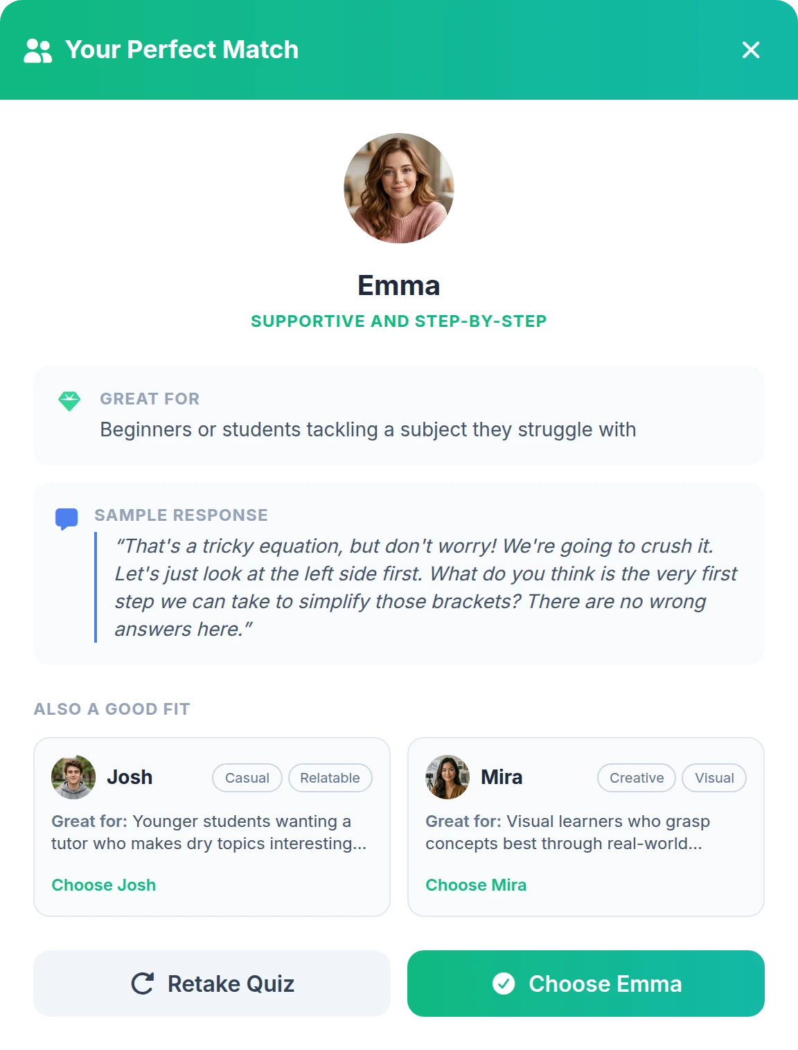 In-app tutor picker showing Emma as the matched tutor