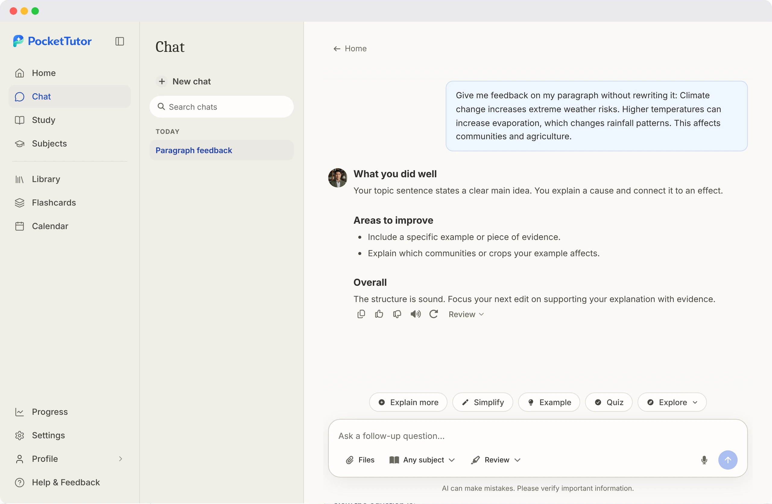 PocketTutor Review mode giving feedback on a student's own paragraph, listing specific areas to improve rather than rewriting the work